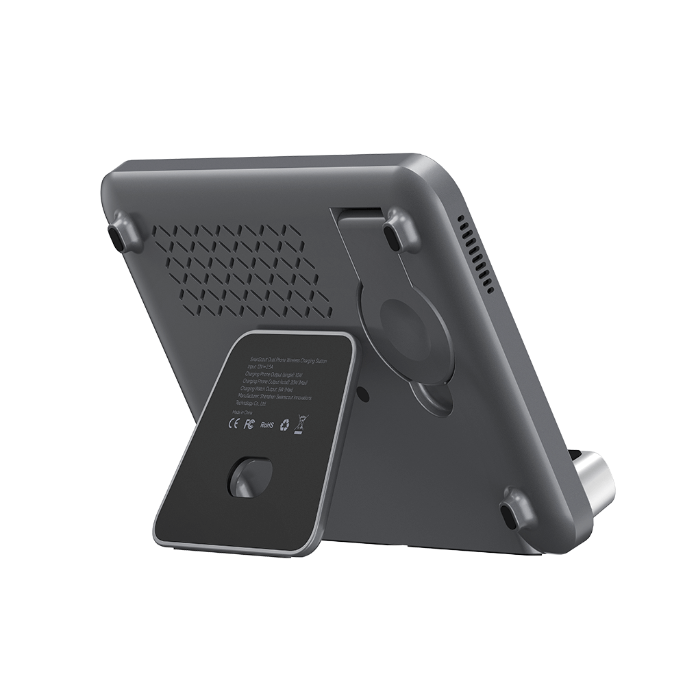 Rear-right view of the folded SwanScout 710A, demonstrating its compact foldable design for easy travel and portability.