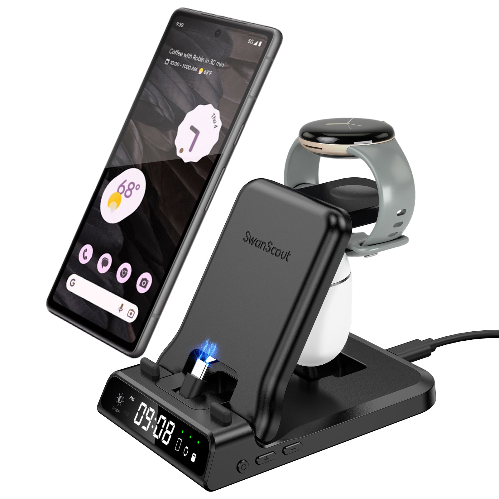 SwanScout 701G - Wired Fast Charger for Pixel Watch 1 with Clock