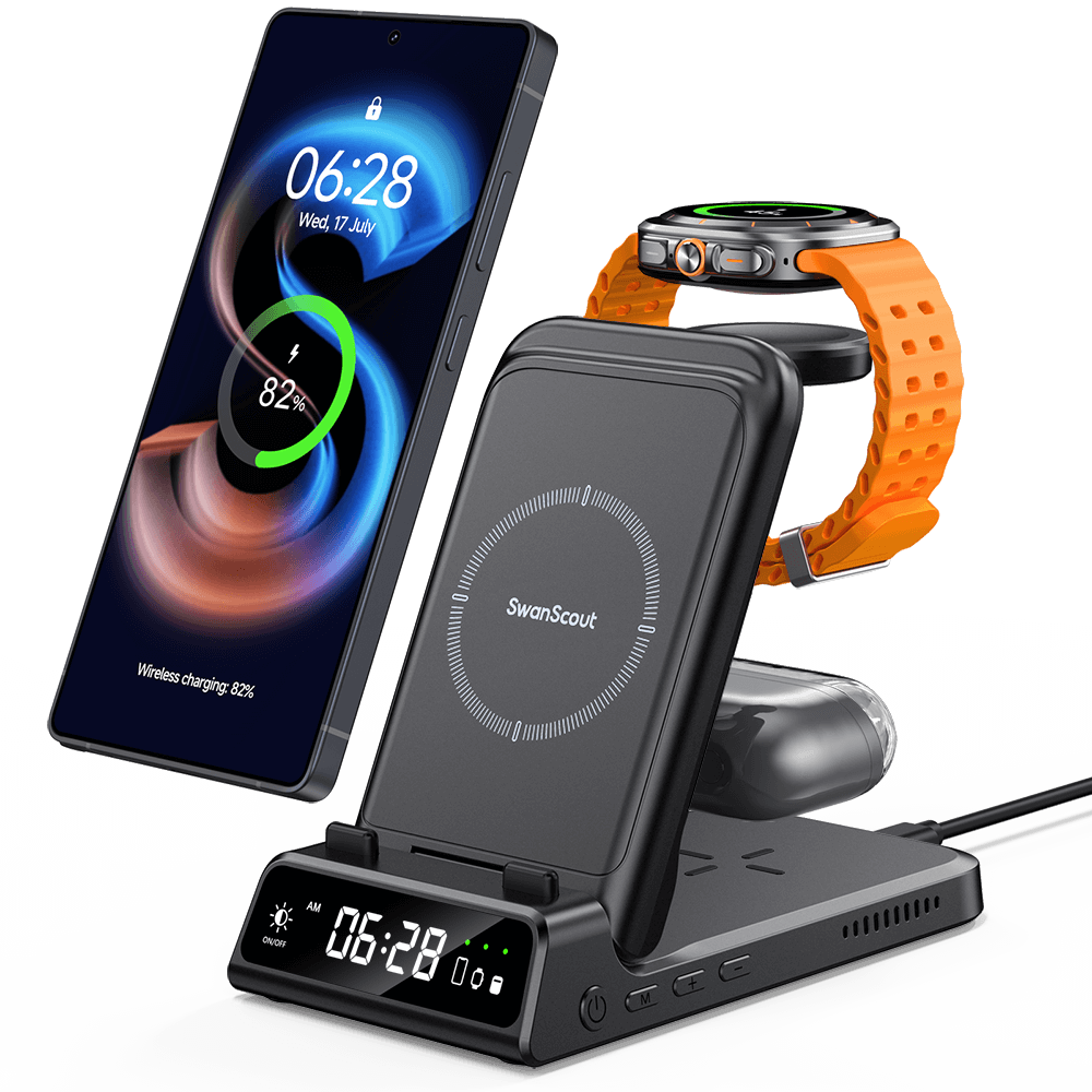 SwanScout 703S -  3 in 1 Foldable Wireless Charger for Samsung with Clock