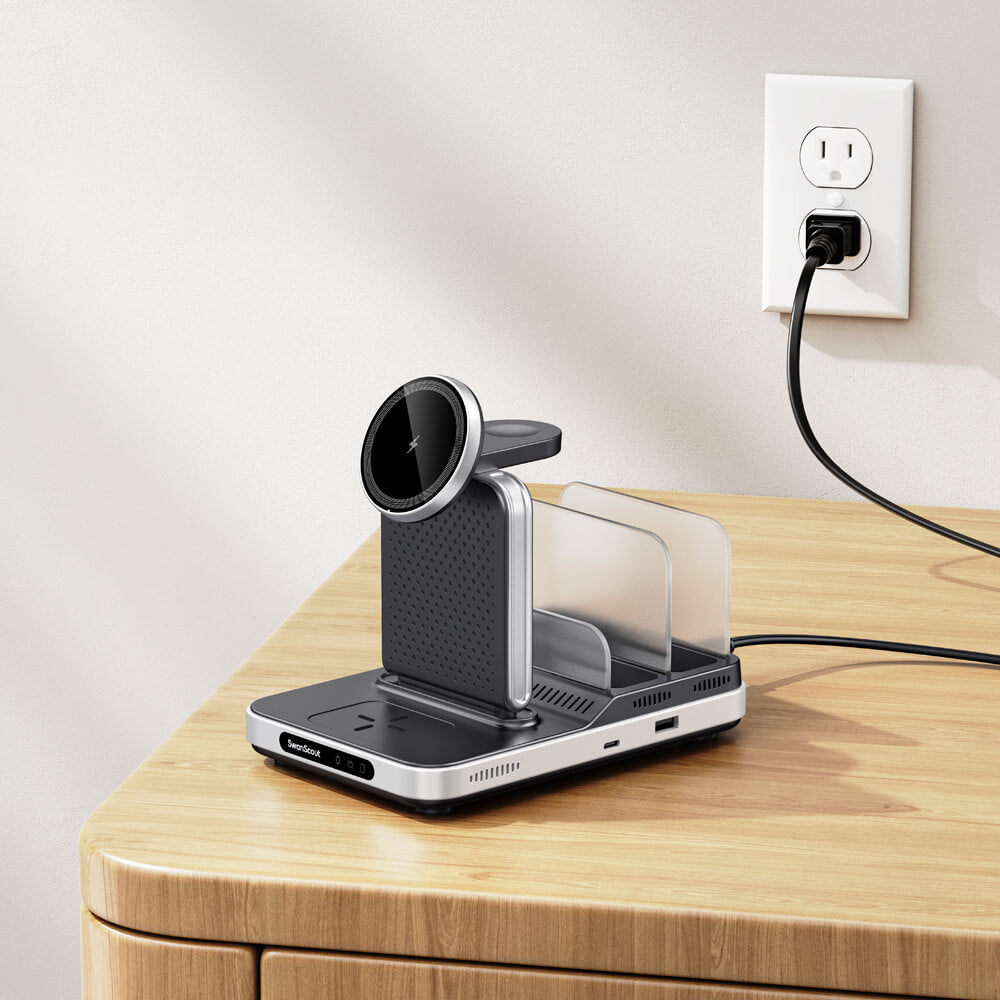 Whether charging your iPhone or AirPods Apple, SwanScout 901M keeps all your Apple essentials powered up and organized.