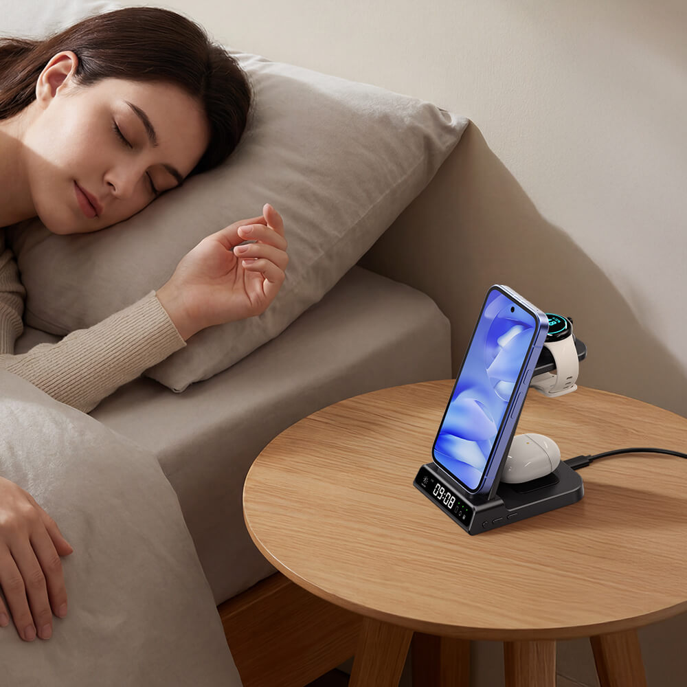 Ideal bedside wireless charging clock with touch-controlled brightness that won’t disturb sleep
