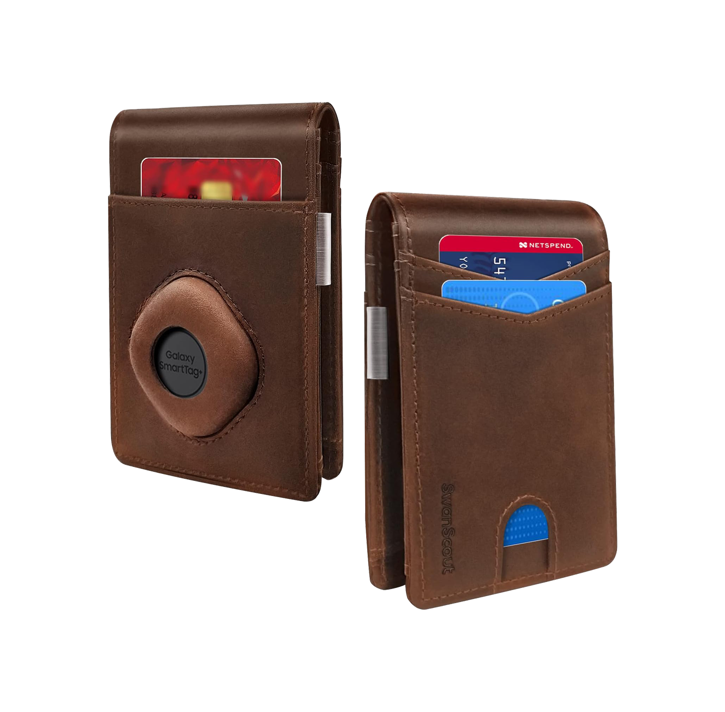 Classic brown SwanScout 101S wallet with a slim, compact profile and integrated tracking compartment for enhanced security and style