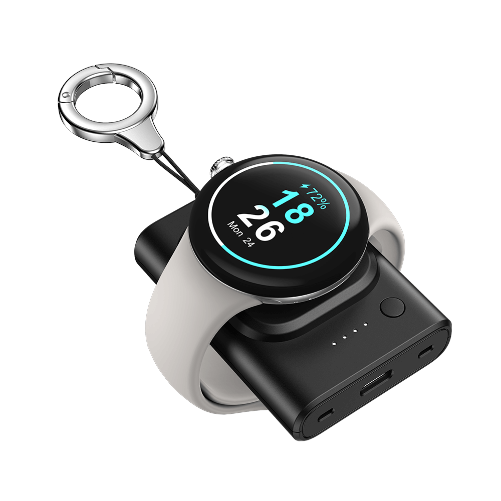 SwanScout 305G2 portable power bank charging a Google Pixel Watch 3, featuring magnetic auto-alignment for a stable connection