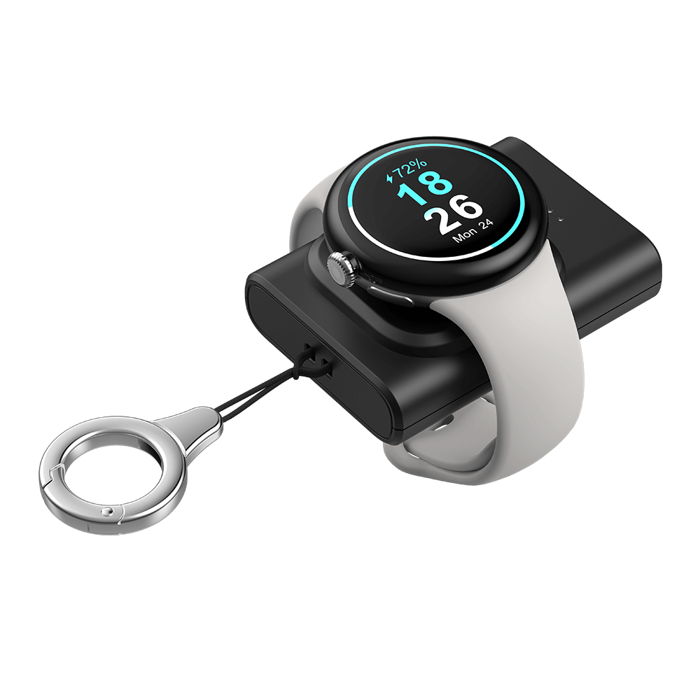 Top-right view of SwanScout 305G2 fully charging a Pixel Watch 2 in just 60 minutes with its integrated charging pins