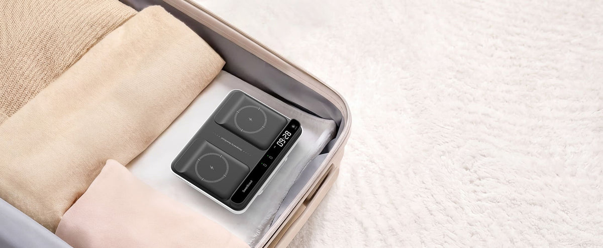 Portable foldable dual phone wireless charger packed in a suitcase for travel SwanScout 504