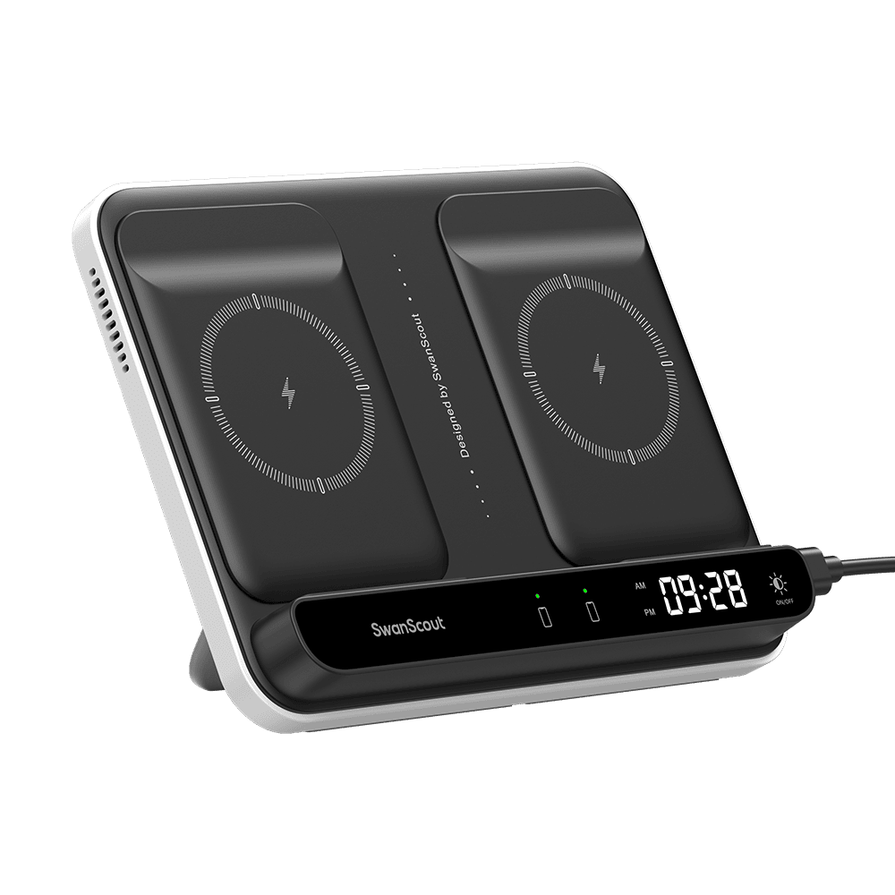 White foldable dual phone wireless charger with two raised charging areas and LED clock SwanScout 504