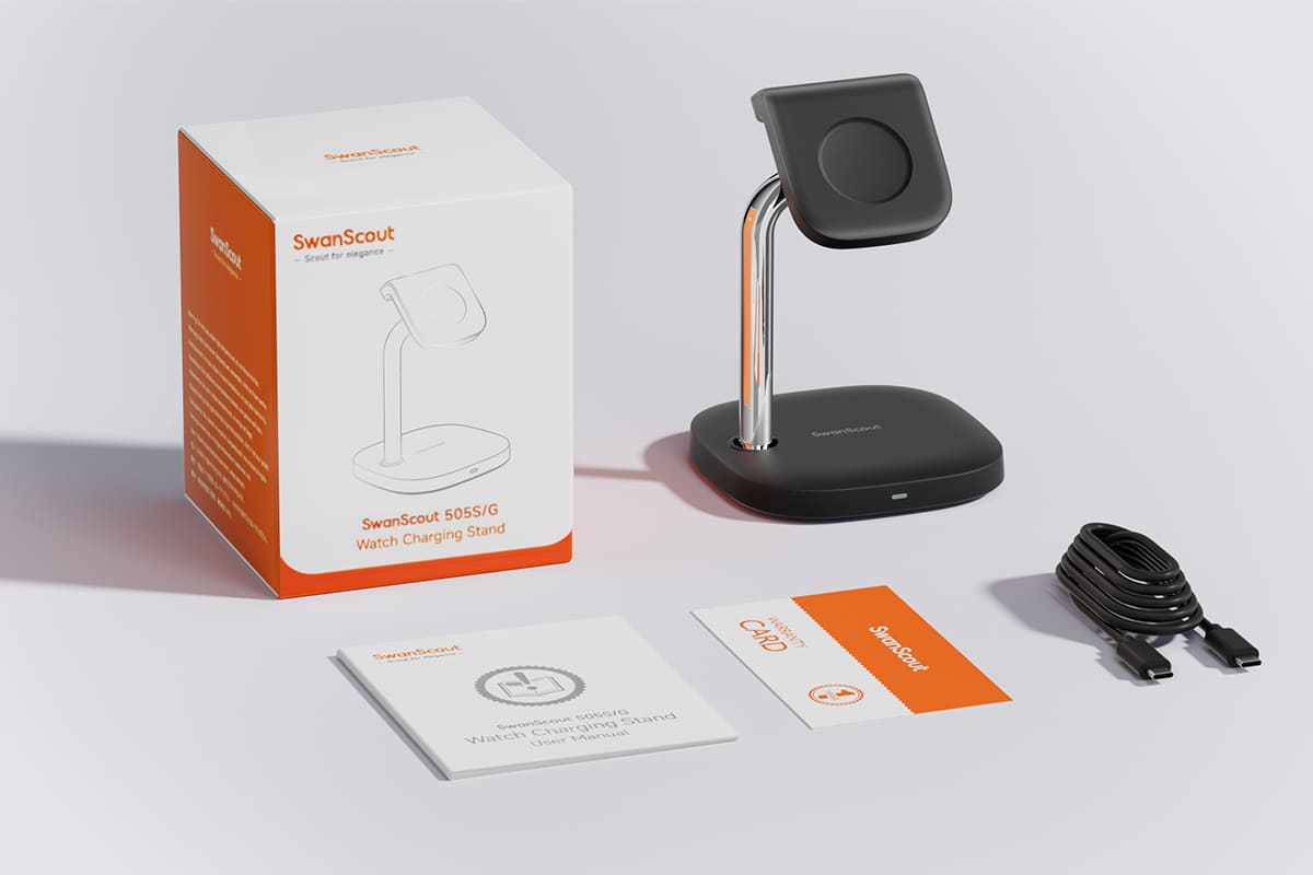 SwanScout 505S package contents with charger cable user manual and warranty card