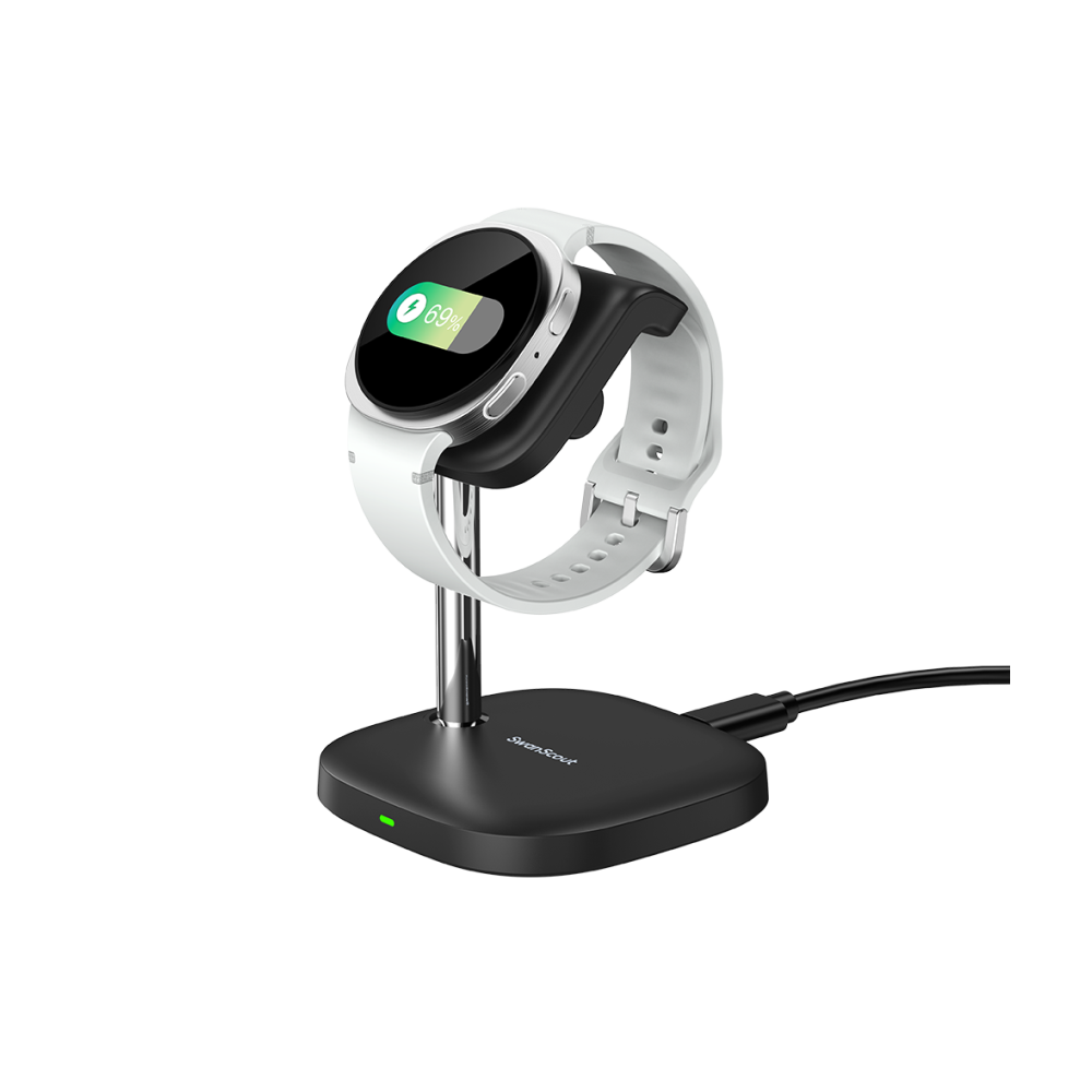 SwanScout 505S wireless charger stand for Samsung Galaxy Watch 8 and Ultra, featuring a vertical design for easy viewing while charging