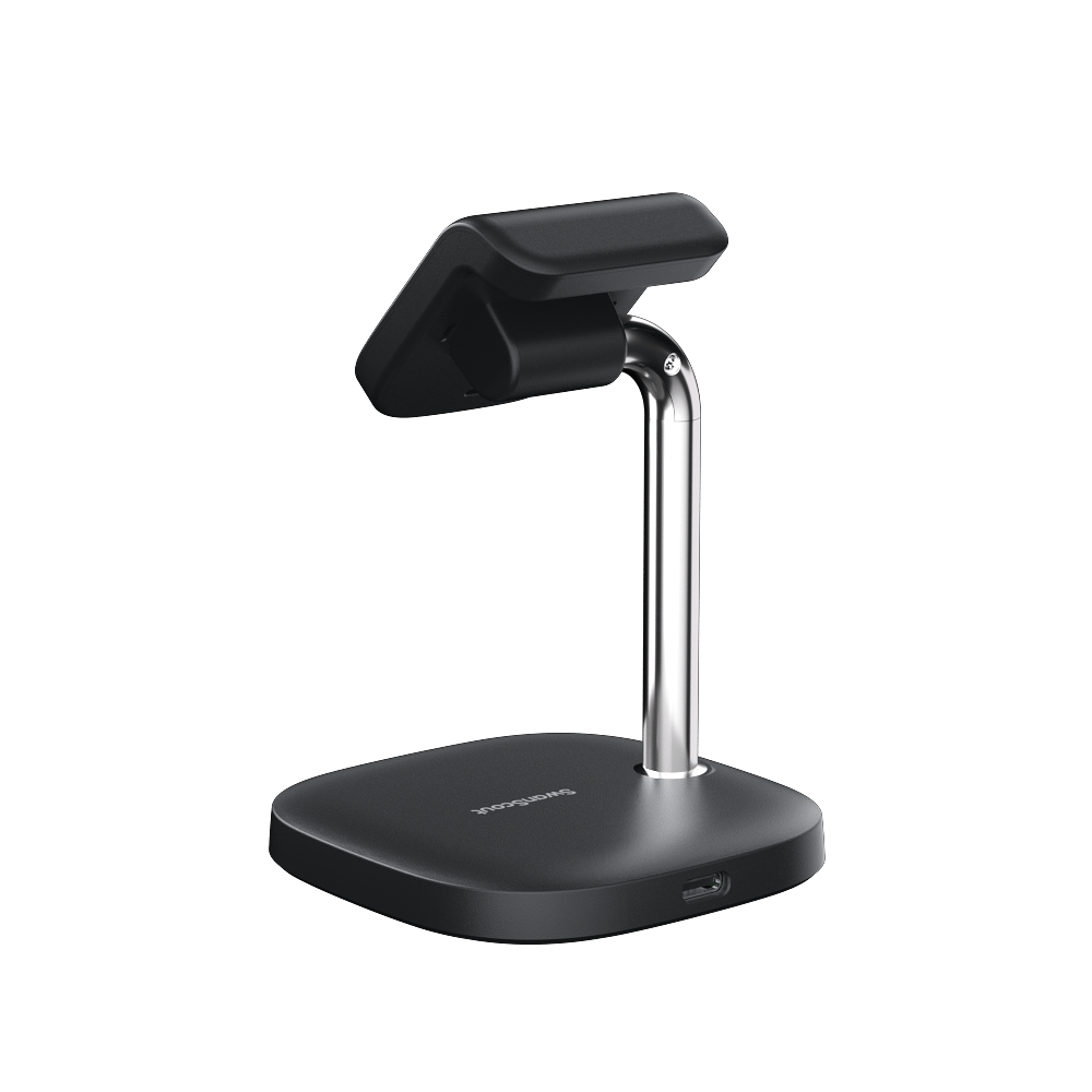 Rear-right angled view of the SwanScout 505S, showcasing the clean cable management and professional finish of the wireless watch stand