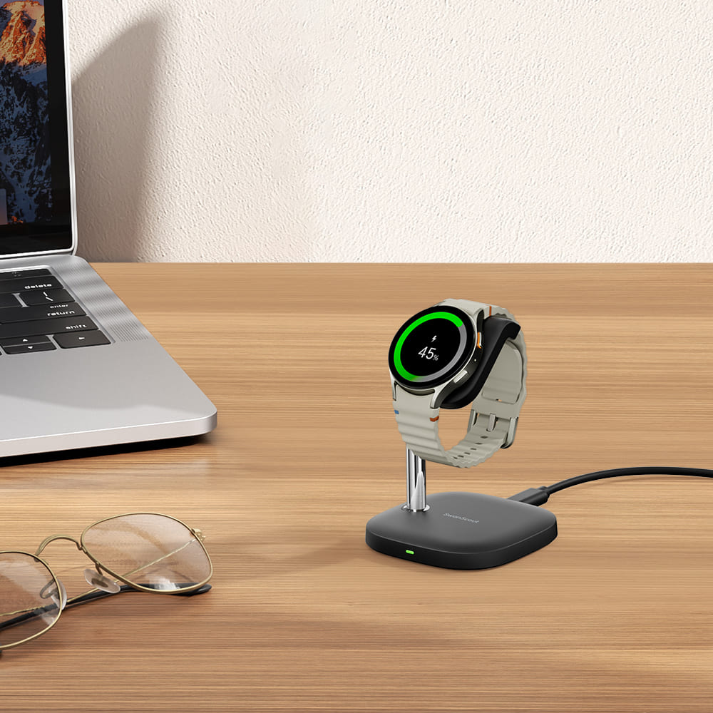 Galaxy Watch charging stand on an office desk for convenient everyday charging SwanScout 505S