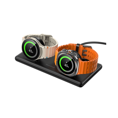 Dual Samsung Galaxy Watch charger by SwanScout, compatible with Galaxy Watch 8 Ultra, featuring sleek design and dual charging ports.