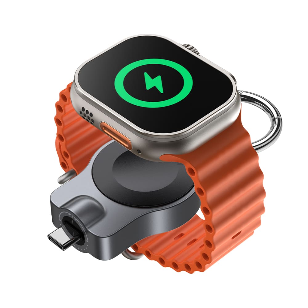 SwanScout 510A portable Apple Watch fast charger with rotatable USB-C design, shown from an angled view.
