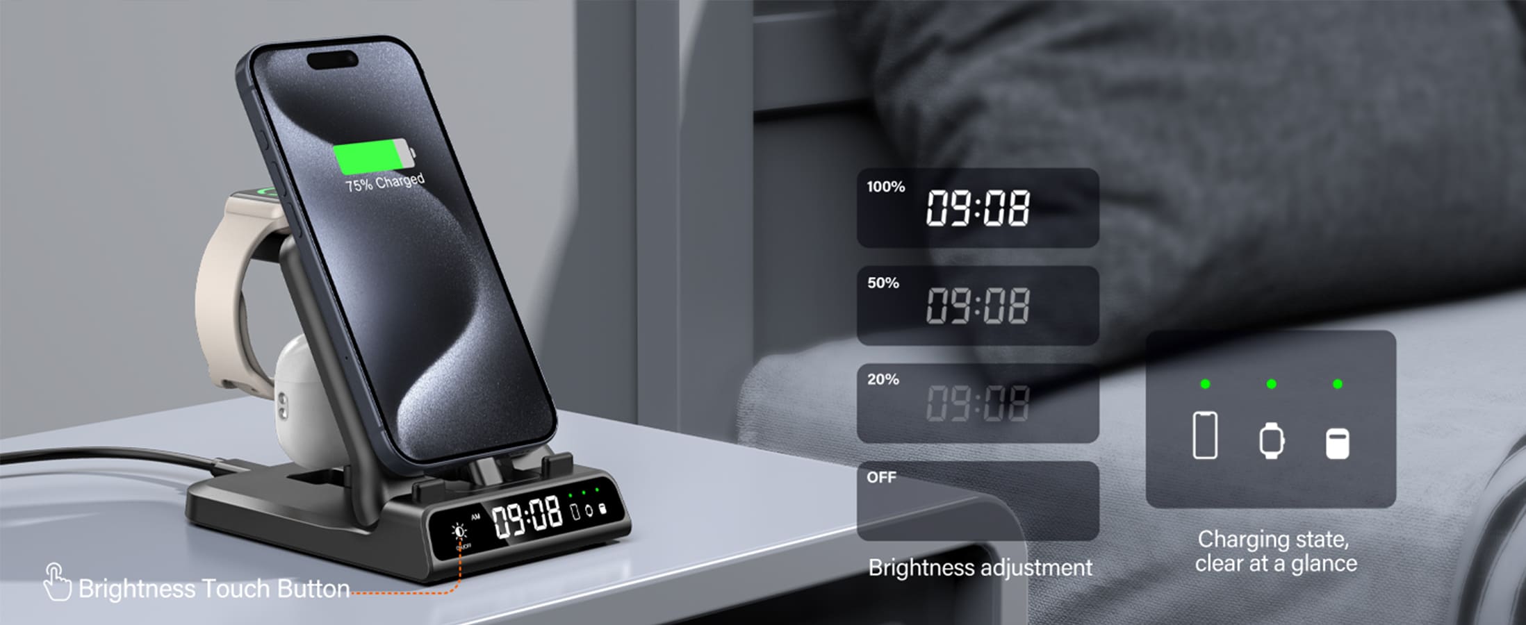 Adjustable clock brightness and green charging indicators for iPhone Apple Watch and AirPods on SwanScout 701AC