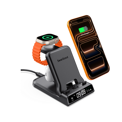 SwanScout 701AC 3-in-1 wired fast charging station with digital clock, charging iPhone 16, Apple Watch, and AirPods simultaneously via USB-C ports