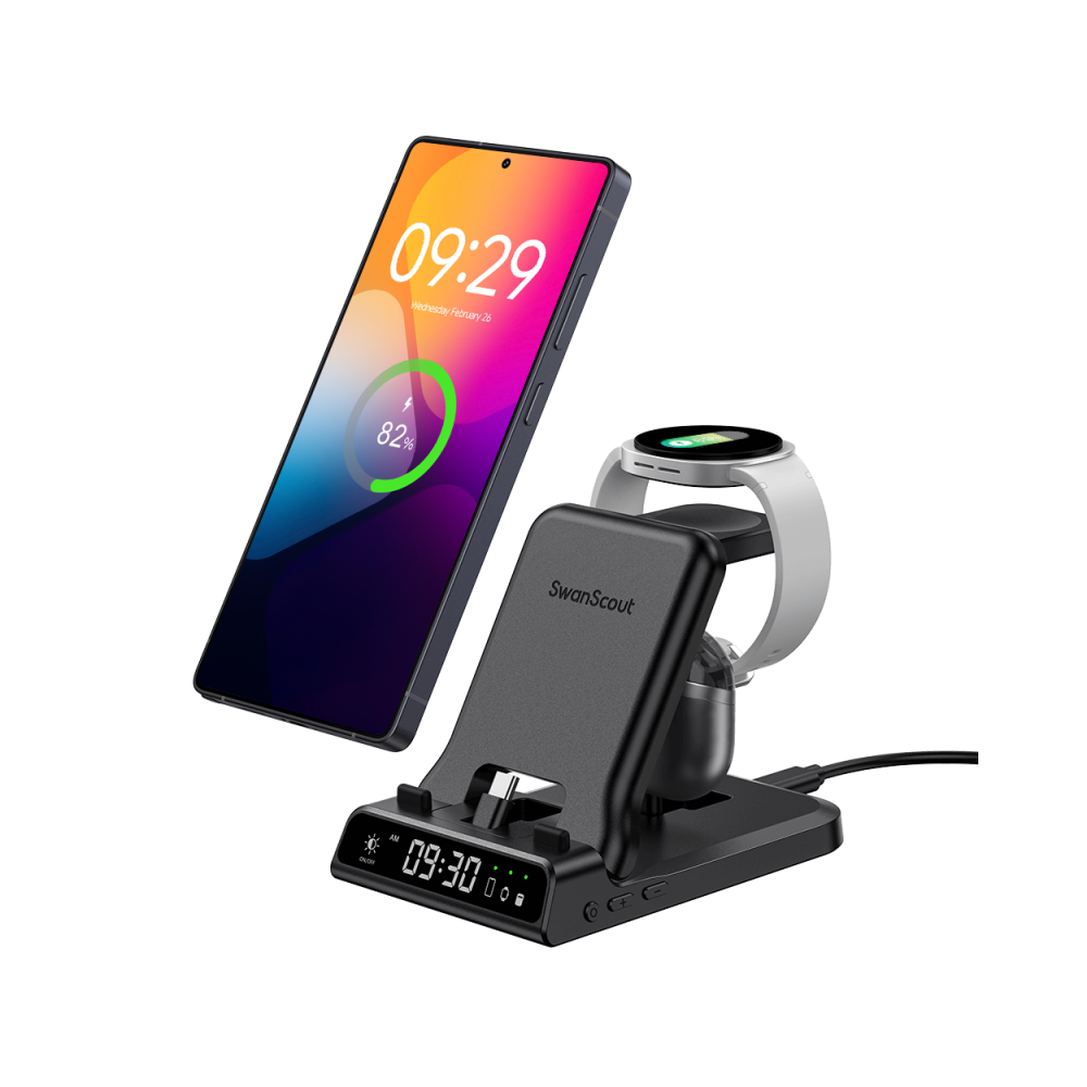 Experience seamless charging with SwanScout 701S, a powerful 3-in-1 station that fast charges your Samsung phone, watch, and earbuds simultaneously with a built-in digital clock