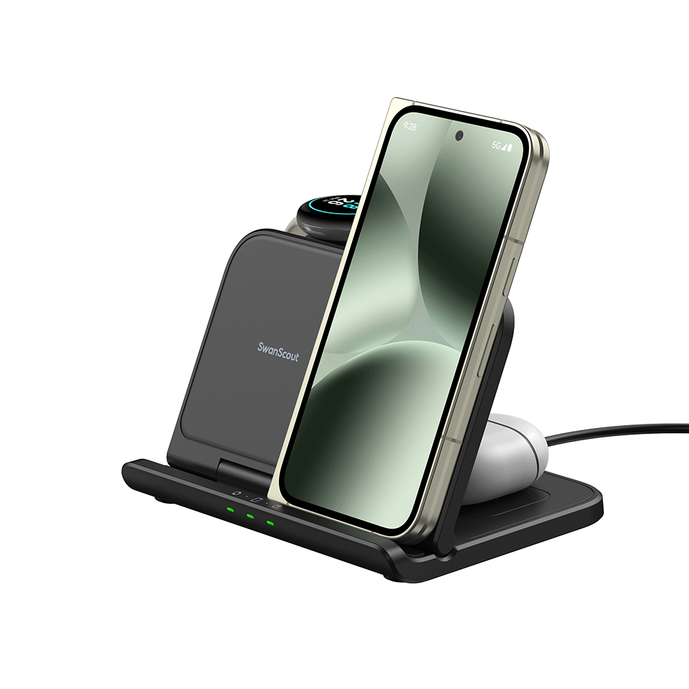 SwanScout 705G 25W wireless charging station powering a Google Pixel 9 Pro Fold, Pixel Watch 1, and Pixel Buds Pro 2 simultaneously