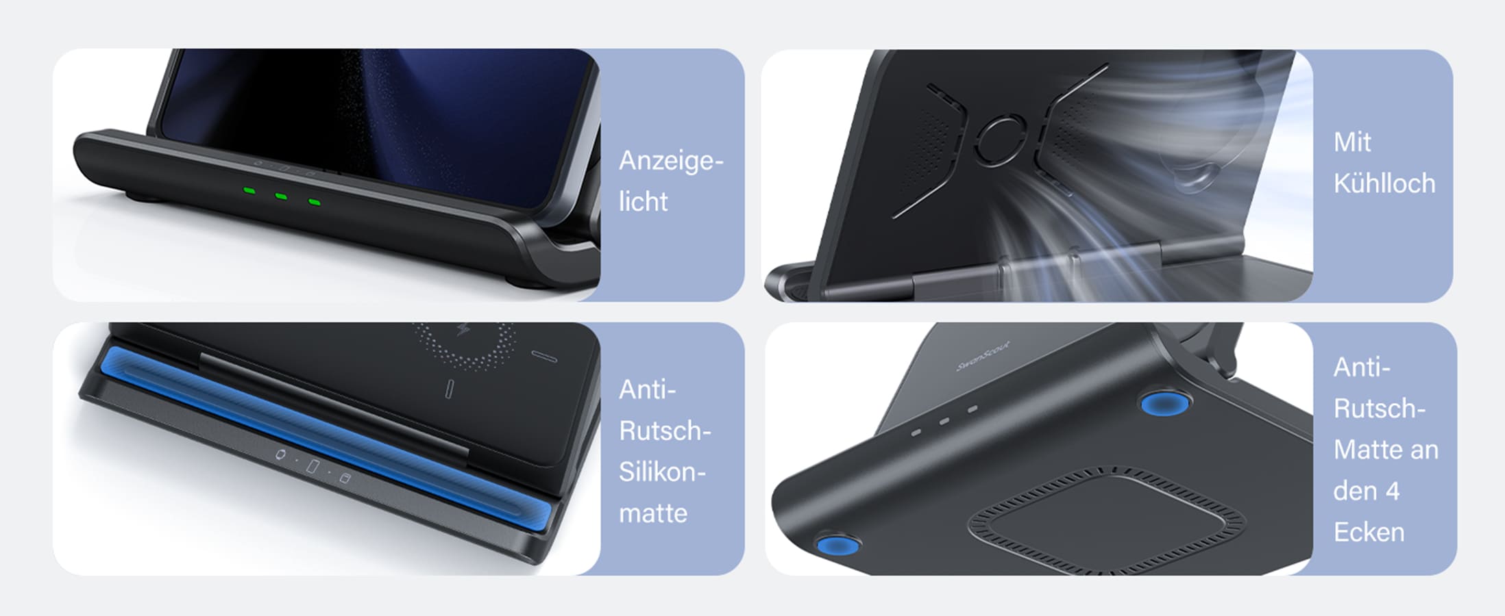 Charging indicator ventilation holes and anti-slip details on the SwanScout 705S wireless charger