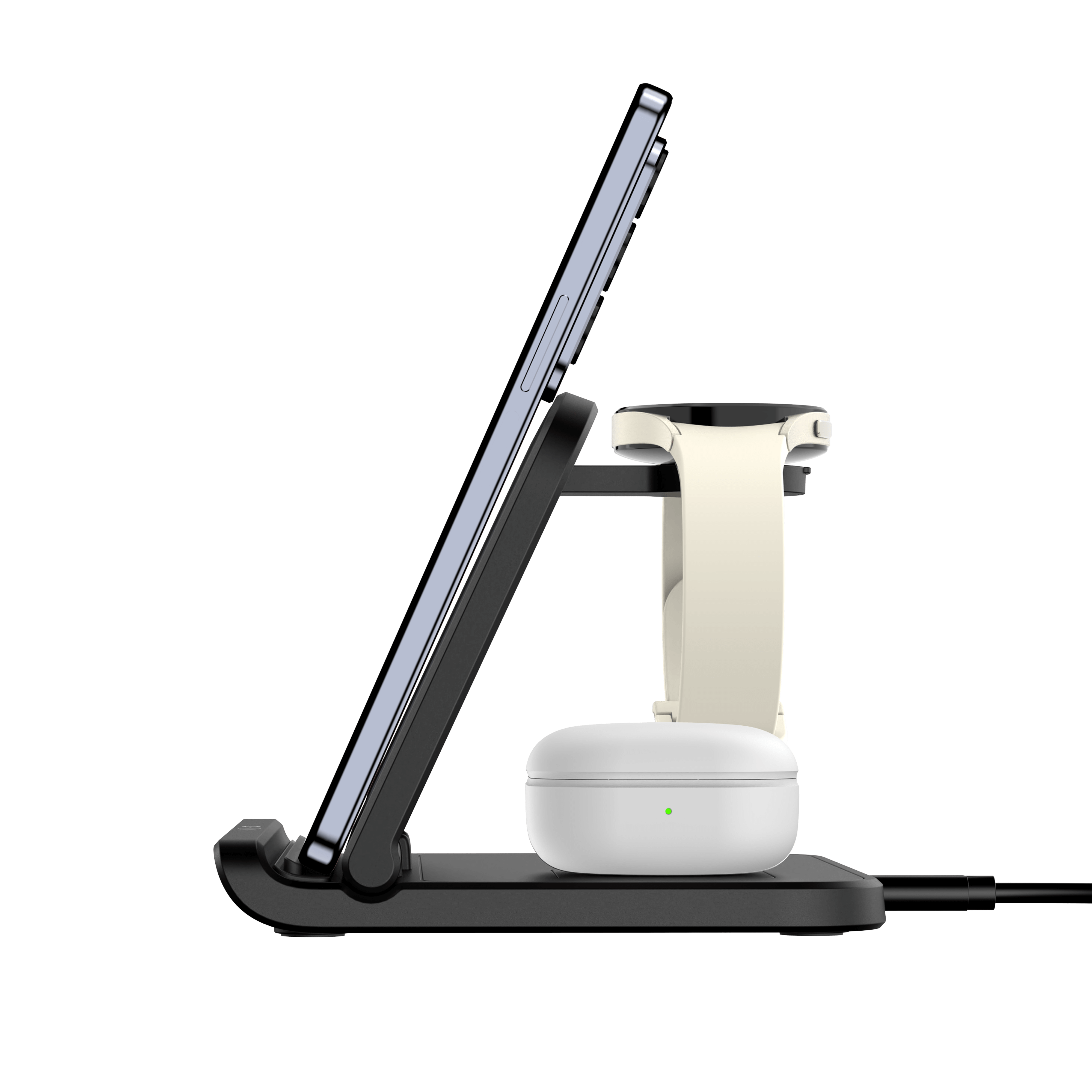 Right-side profile of Galaxy Z Fold 7 unfolded on the SwanScout 705S, showcasing the ergonomic floating angle and integrated Samsung Watch dock