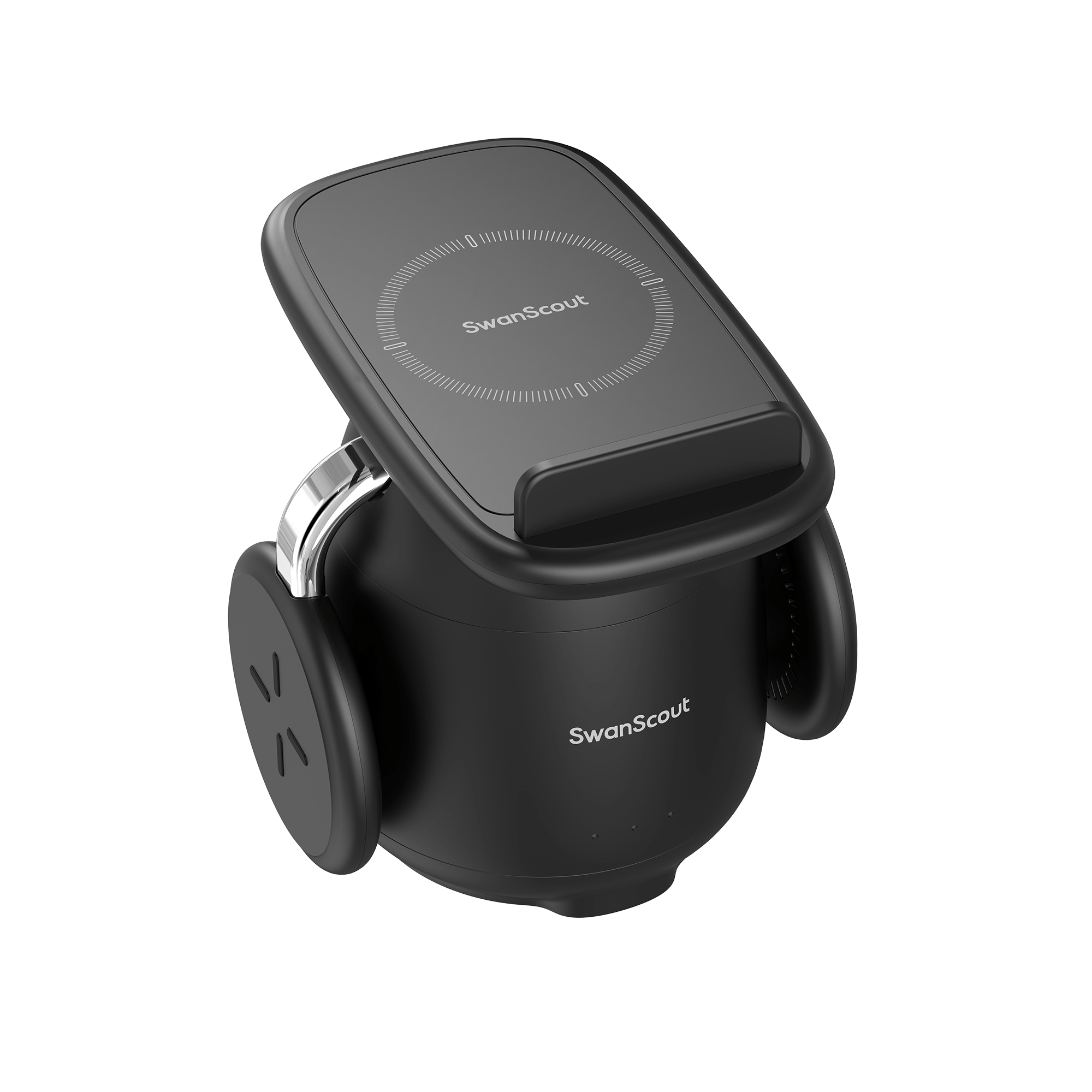 Black SwanScout 707S shown with the phone charging stand adjusted to a horizontal angle, supporting tilts from 0 to 60 degrees