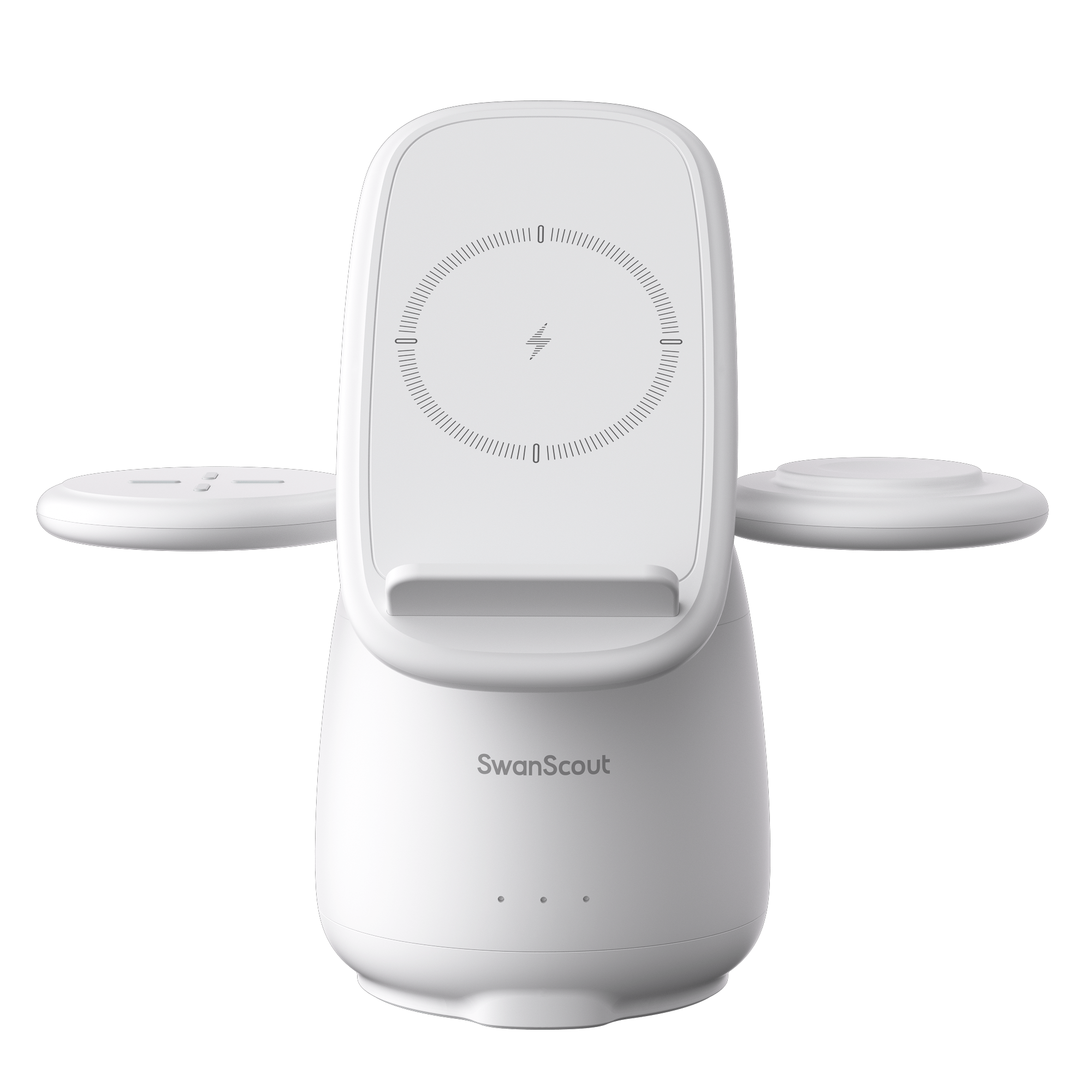 Front view of the white SwanScout 707S penguin-shaped stand, providing dedicated wireless charging spots for Samsung phone, watch, and earbuds