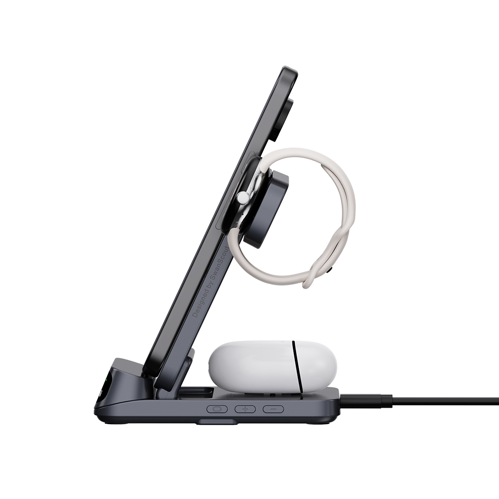 Side view of SwanScout 708G2 charging a Pixel 9 Pro Fold using the included silicone mat for stable positioning and precise alignment