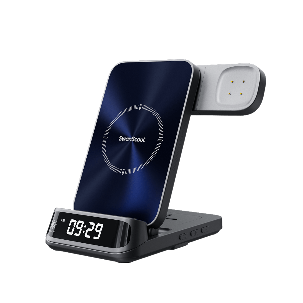 Front and rear view of the unfolded SwanScout 708G2, featuring an optical-texture UV coating, metallic body, and a curved 3D LED display