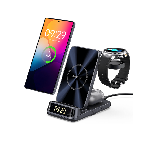SwanScout 708S 3-in-1 wireless charging station powering a Samsung Galaxy S25 Ultra, Galaxy Watch Ultra, and Buds 3 Pro with a curved LED clock