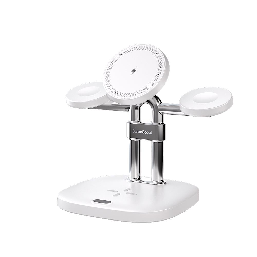 Main view of the white SwanScout 709M 4-in-1 portable charging stand, designed for organized multi-device charging at home or office