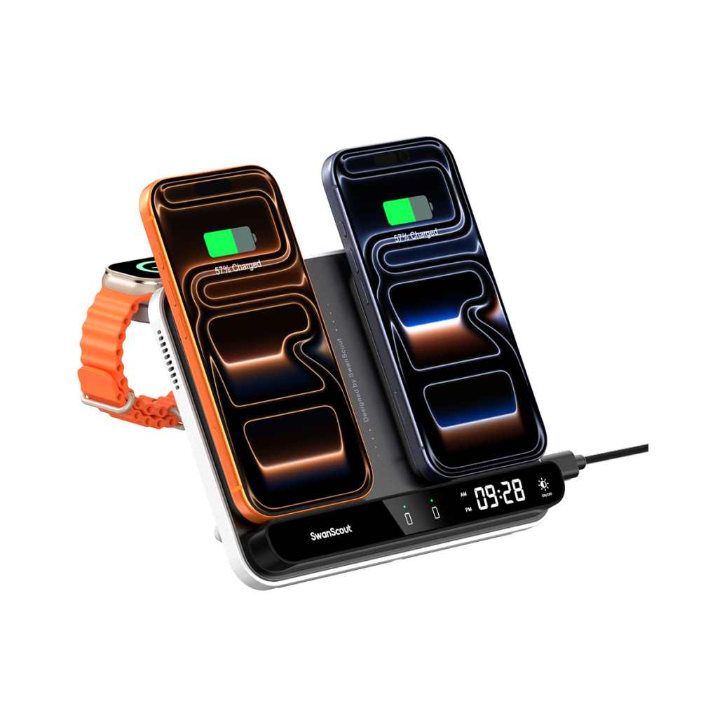 SwanScout 710A charging station simultaneously powering two iPhones and an Apple Watch Ultra 2 with a built-in digital clock