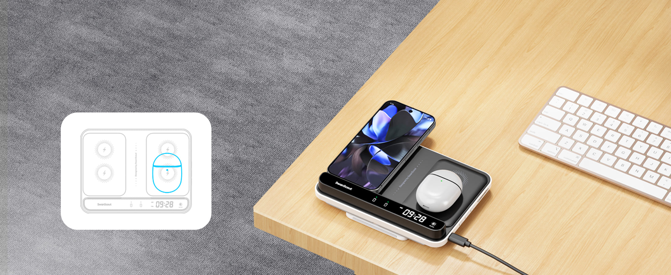 Flat charging panel for horizontal phone charging and wireless earbud charging on the SwanScout 710G2