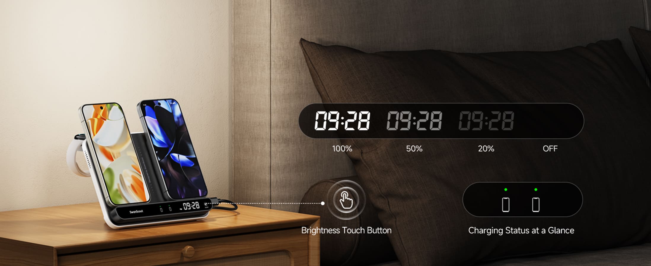 Touch-adjustable digital clock with customizable brightness on the SwanScout 710G2 charging station