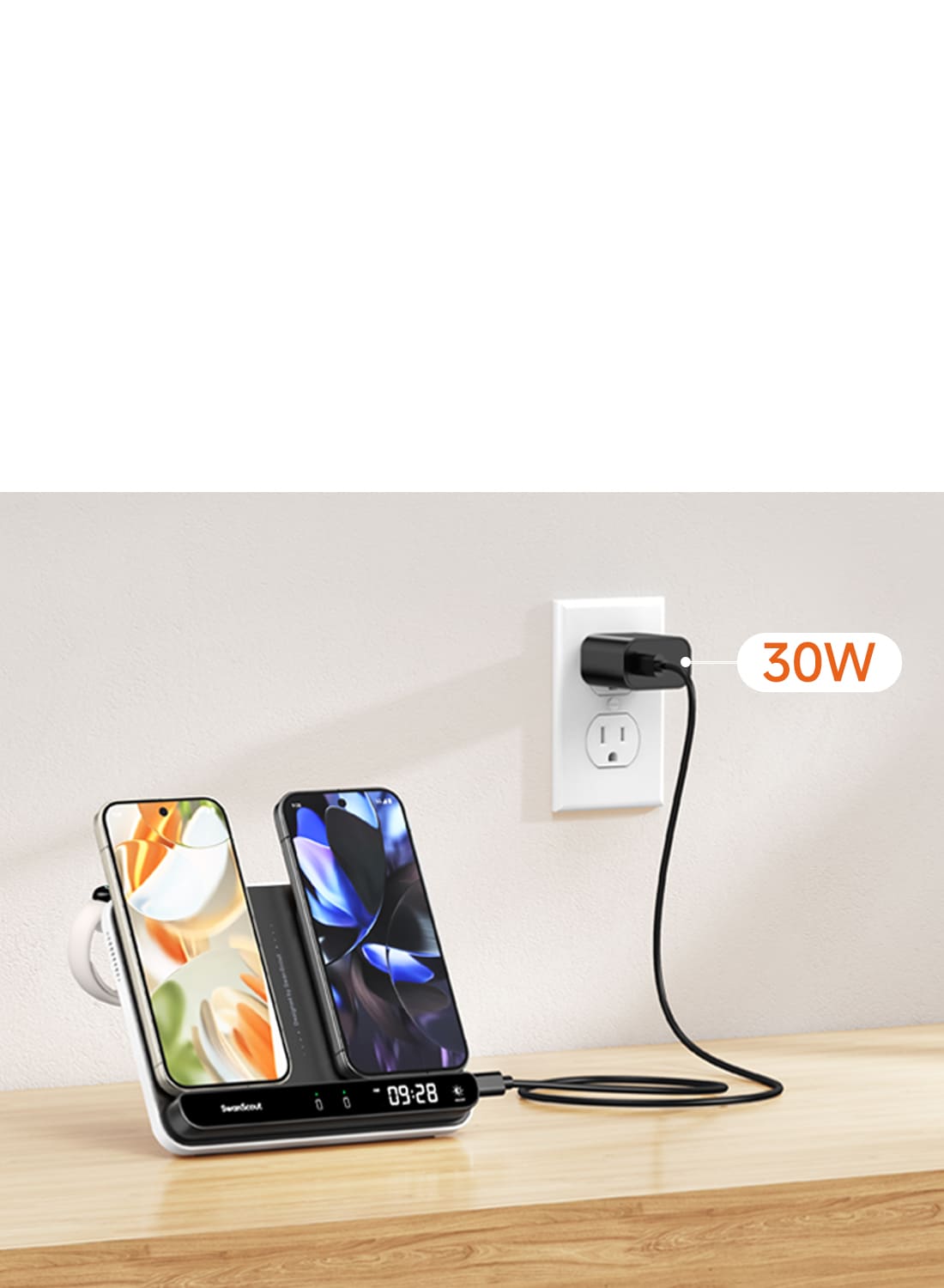 Dual phone charging station with 30W total output and Pixel Watch charging SwanScout 710G2