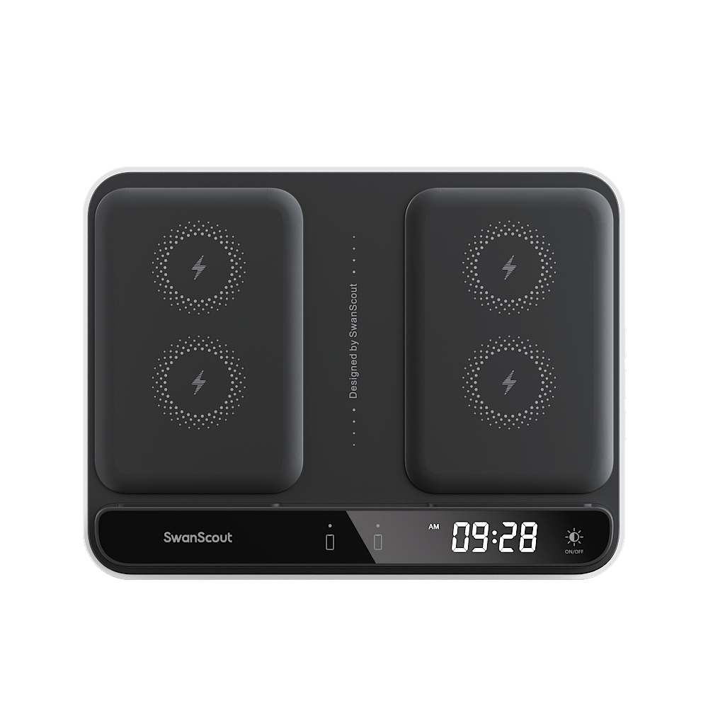 Front view of SwanScout 710G2 highlighting the built-in raised points for precise coil alignment and dual-phone wireless charging pads