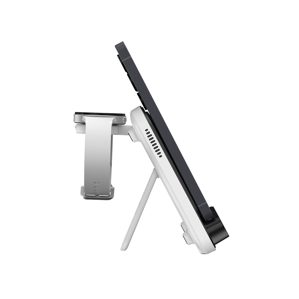 Side view of SwanScout 710S charging two Samsung phones and a Galaxy Watch 8, showcasing the stable support and 30W multi-device power