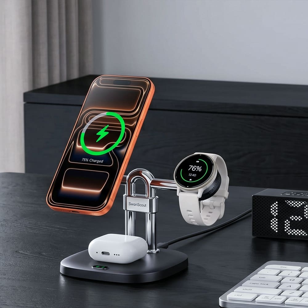 SwanScout 712GM magnetic charger powering iPhone Garmin watch and earbuds on desk
