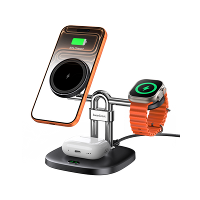 SwanScout 712M magnetic wireless charging station powering an iPhone 17 Air, Apple Watch 10, and AirPods Pro simultaneously