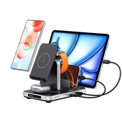 SwanScout 901S 5-in-1 wireless charger for Samsung devices on a study desk, showing charging pads and connected smartphones.