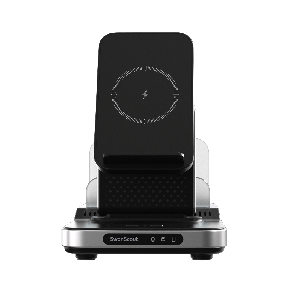 Front view of SwanScout 901S featuring wide slots compatible with thick cases and dedicated wireless charging areas for Samsung Galaxy Watch and buds