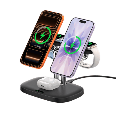 SwanScout 902M 5-in-1 wireless charging station for Apple devices with magnetic connectors and multiple charging pads.