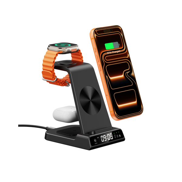 SwanScout C02 3-in-1 charging station powering an iPhone 17 Pro, Apple Watch 10, and AirPods Pro 2 with an integrated digital clock