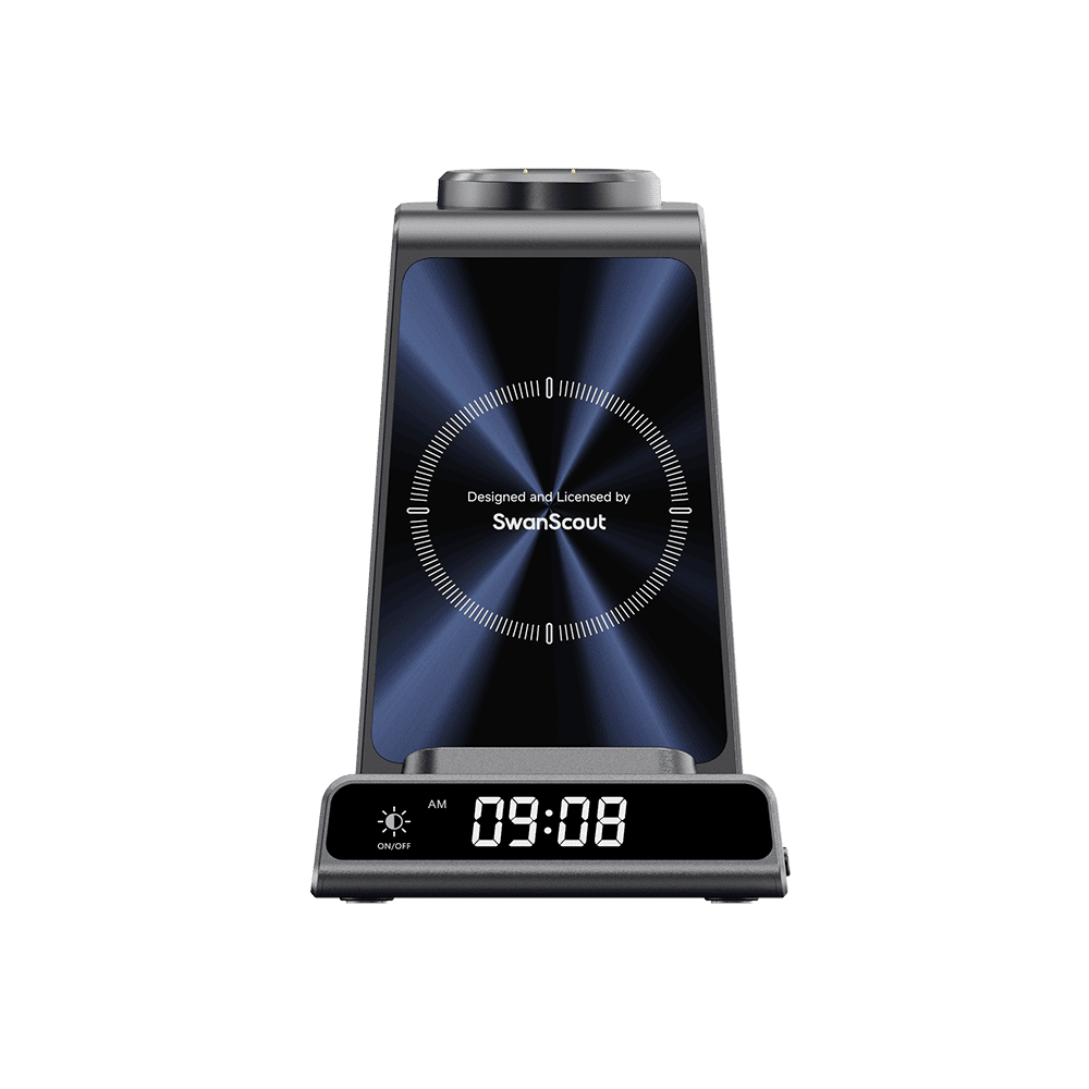 SwanScout C01FB 3-in-1 wireless charger stand for Fitbit watch with sleek design and charging ports for multiple devices