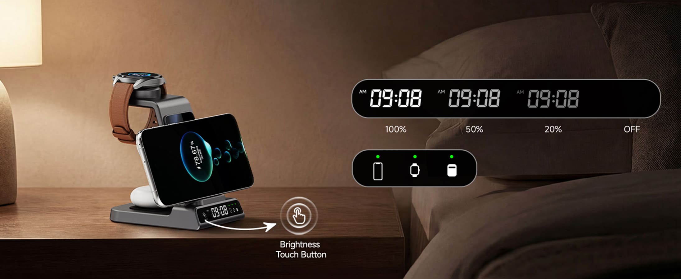 Wireless charging station with digital alarm clock and 4 level dimmable brightness for bedside use charging Huawei Watch phone and earbuds SwanScout C01HW
