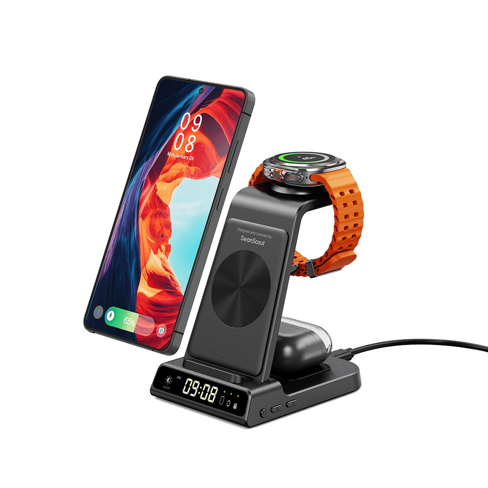 3 in 1 wireless charging station charging phone watch and earbuds together SwanScout C01S