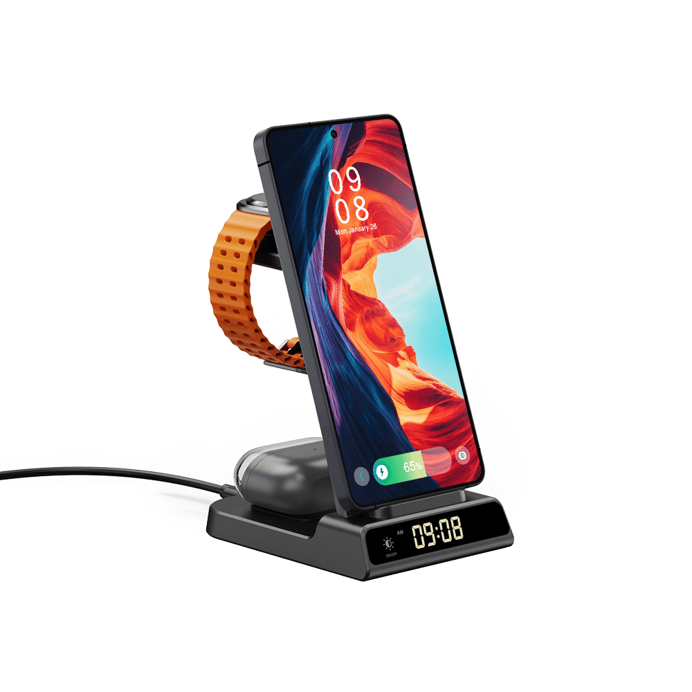 Phone and smartwatch charging side by side on SwanScout C01S stand