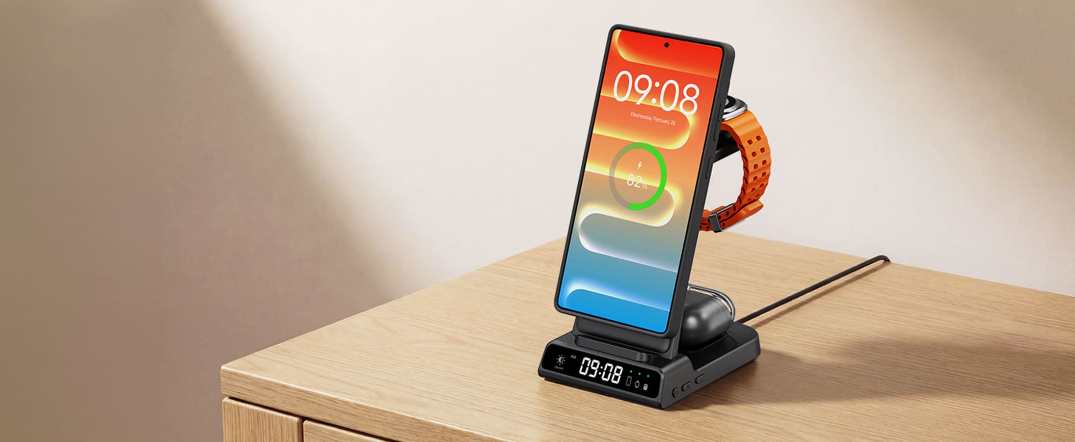18W wireless charging station for Samsung Galaxy phone Galaxy Watch and Galaxy Buds supports stable 3 device charging requires above 18W adapter not included SwanScout C01SM data from SwanScout Lab