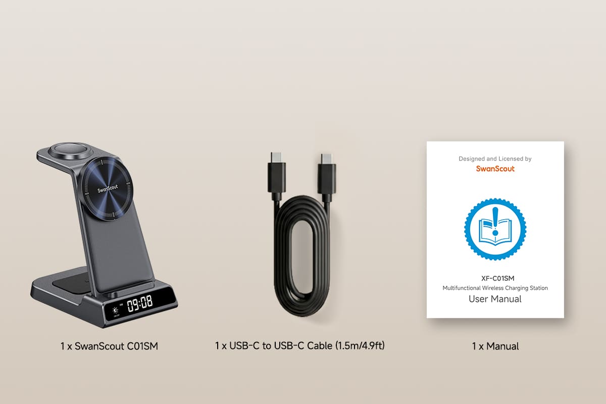 Package contents of SwanScout C01SM 3 in 1 wireless charging station including charger unit USB C cable user manual and warranty card for Samsung Galaxy devices