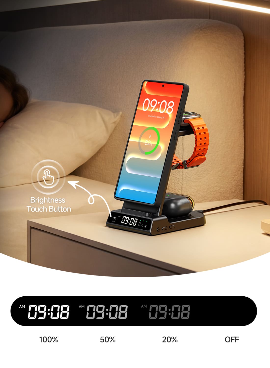 Samsung 3 in 1 wireless charging station with LED clock brightness control and charging indicator designed for bedside use SwanScout C01SM sleep friendly display