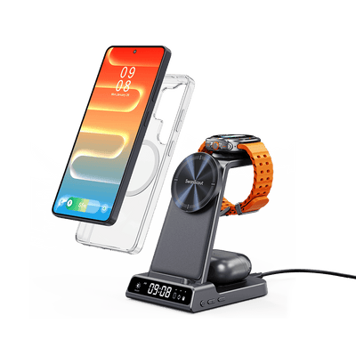 3 in 1 magnetic wireless charging station for Samsung Galaxy S26 S25 phones Galaxy Watch and Galaxy Buds left front view fast stable charging SwanScout C01SM