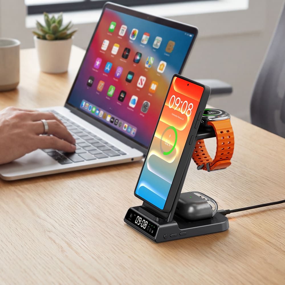 3 in 1 Samsung wireless charging station on office desk setup charging Galaxy phone Galaxy Watch and Galaxy Buds with clean organized workspace SwanScout C01SM