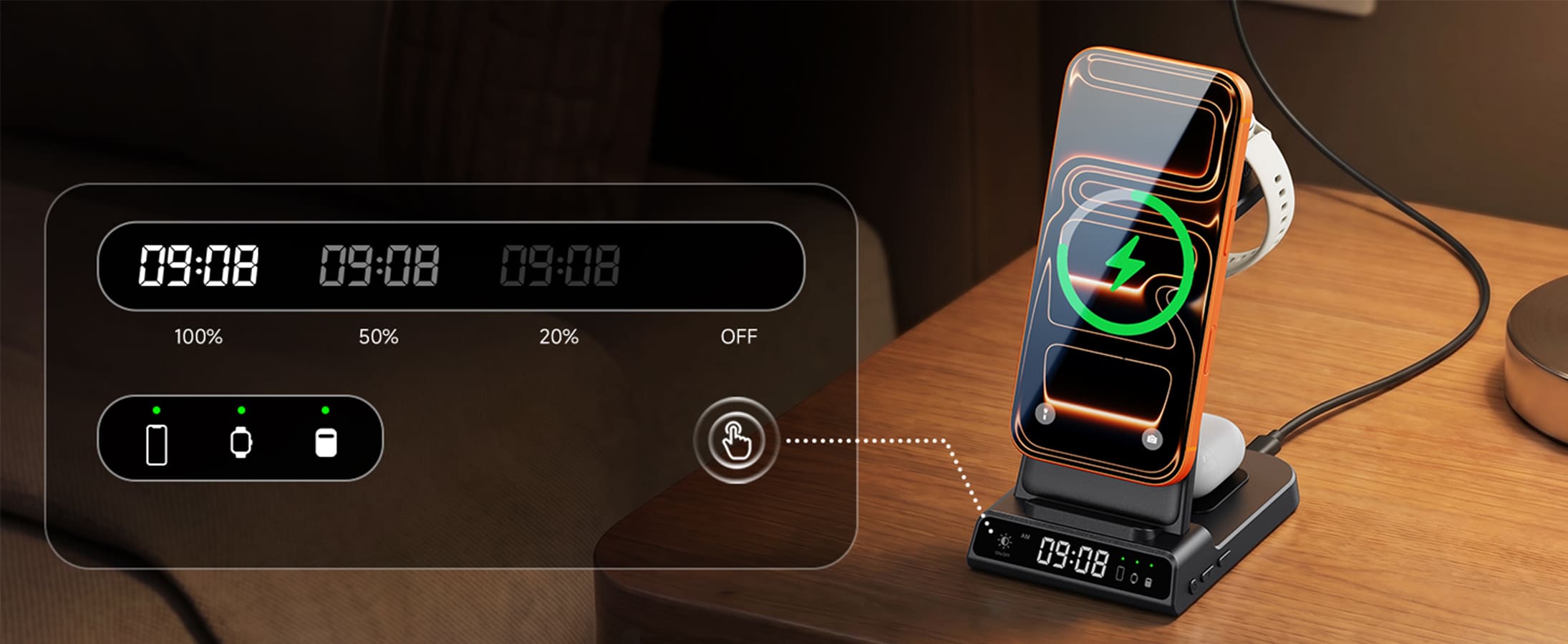 Touch-adjustable LED clock and individual charging indicators on SwanScout C02GM